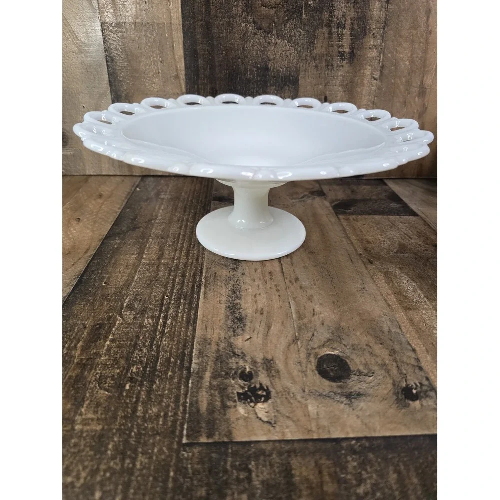 Vintage White Milk Glass Lace Edge Pedestal Cake Stand Compote Dish 10.5 Inch